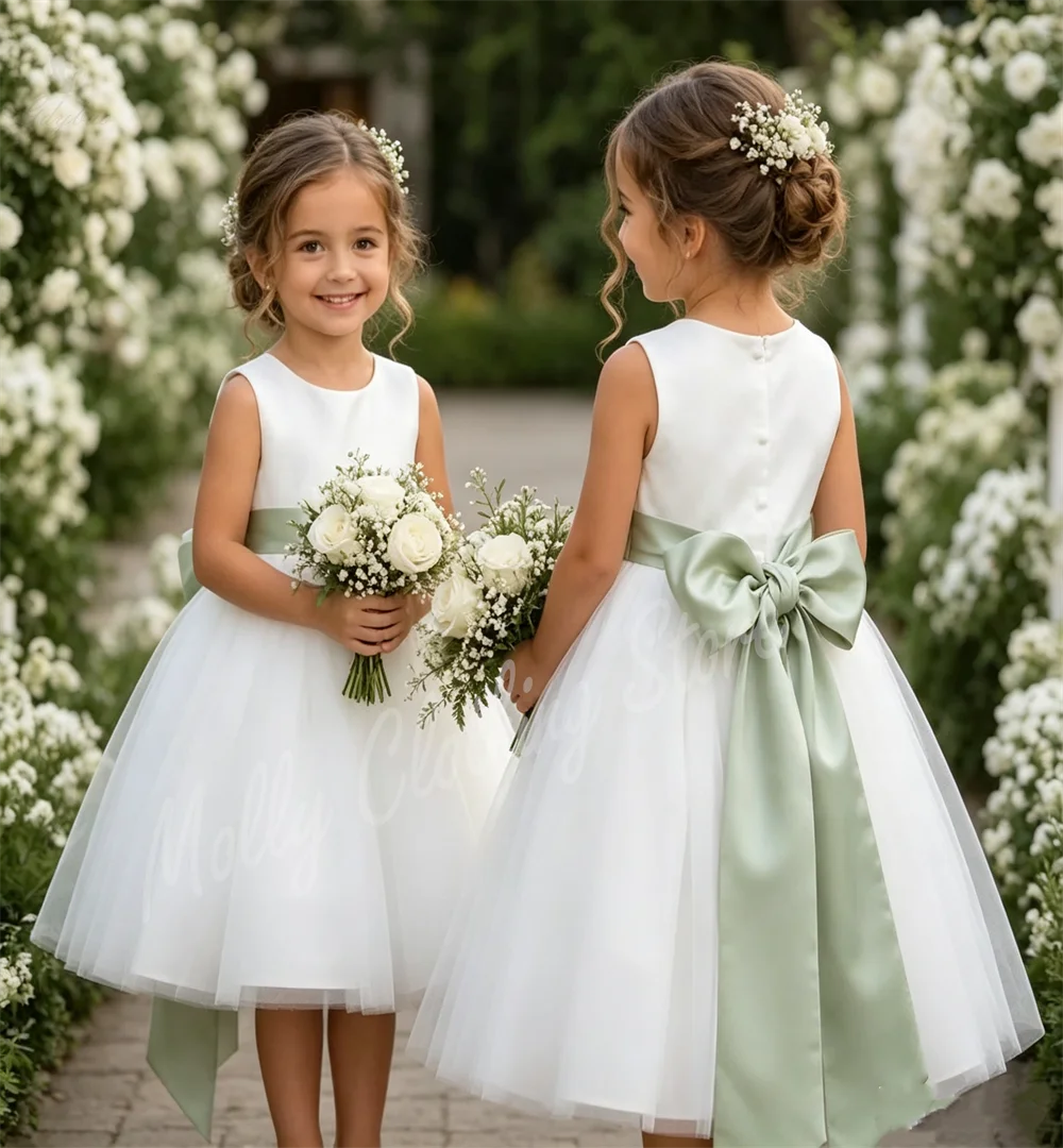Cute Green Satin Bow Belt Flower Girl Dress White Tulle Knee-length for Wedding Infant Kids Birthday Party Holy Communion Gown