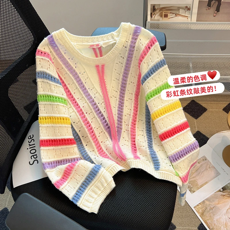 New Rainbow Striped Hollow Sweater Women Korean Retro Fashion Lazy Long Sleeve Knitted Round Neck Pullover Chic Pullover