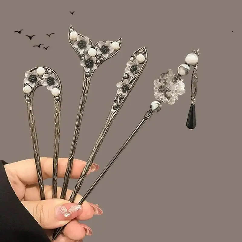 Retro Chinesischer Tuschblumen-Haarnadel mit Quaste, Eleganter Pferdeschwanzhalter, Cheongsam Hanfu Haaraccessoire – Detail 2