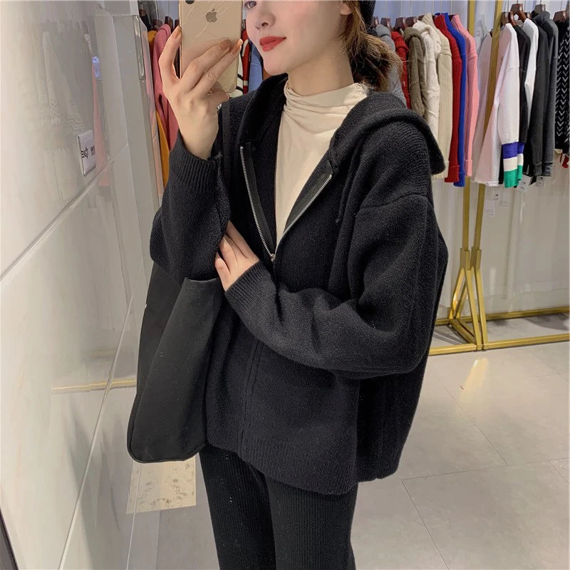 Ladies' Hooded Knitted Zipper Loose Fit Sweatirt Outerwear Pure Color Korean Sle Casual Autumn Faion Slimming Cardigan