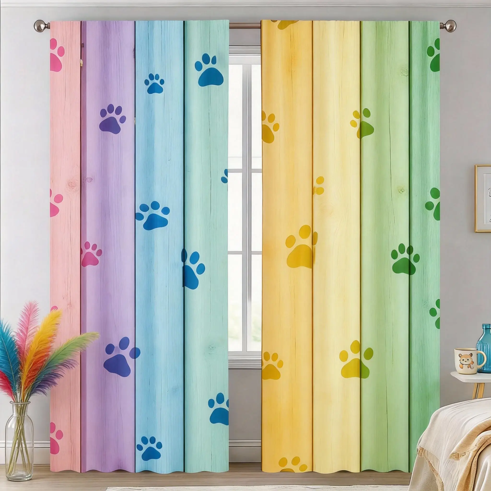 Rainbow Wood Curtains 2pcs – Dog Paw Prints on Pastel Planks, Whimsical Window Decor for Pet Lovers and Children’s Rooms