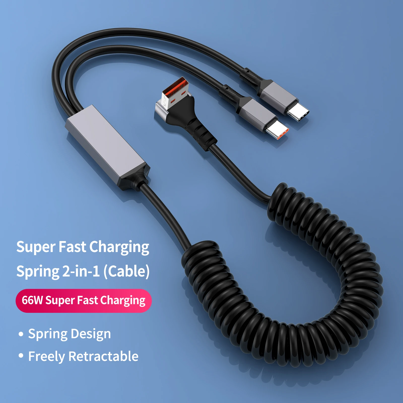 

90° Coiled 2 in 1 Charger Cable,USB A to Type C Port Right Angle Fast Charging Cord for iPhone 17/16,Samsung Galaxy S25/S25+