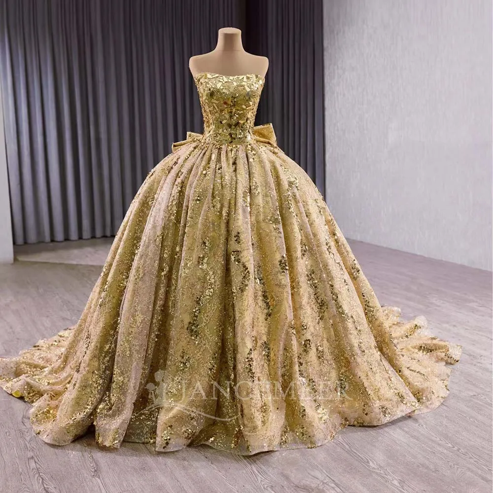 Gold Glitter Ball Gown With Bow Quinceanera Dresses Strapless Customized Lace Beading Tull Corset Vestidos De 15 Años RSM251009