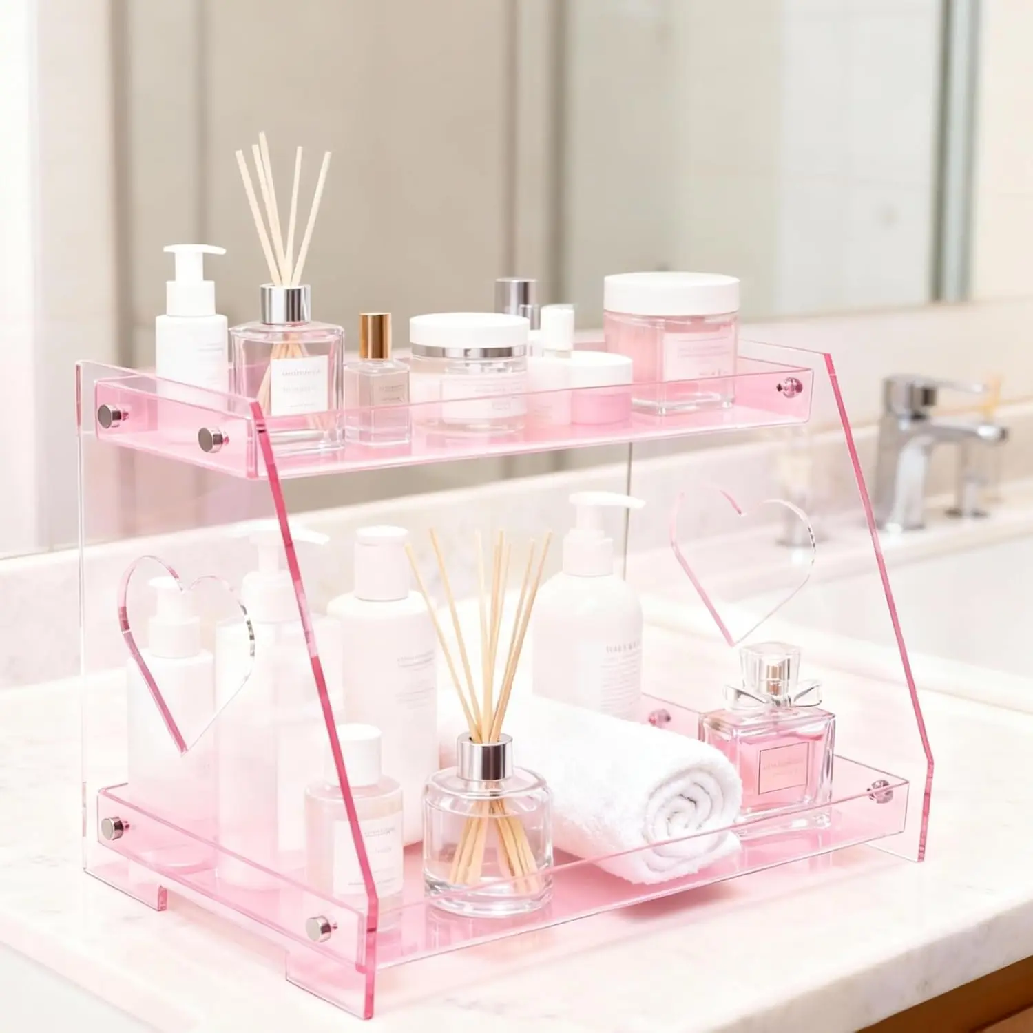 

2 Tier Pink Heart Bathroom Countertop Organizer Display Shelf, Acrylic Tray Makeup Perfume Storage Organizer for Dresser