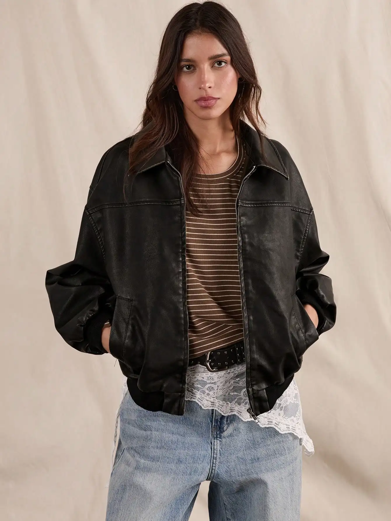 

Black Vintage-Style PU Leather Bomber Jacket with Distressed Detail