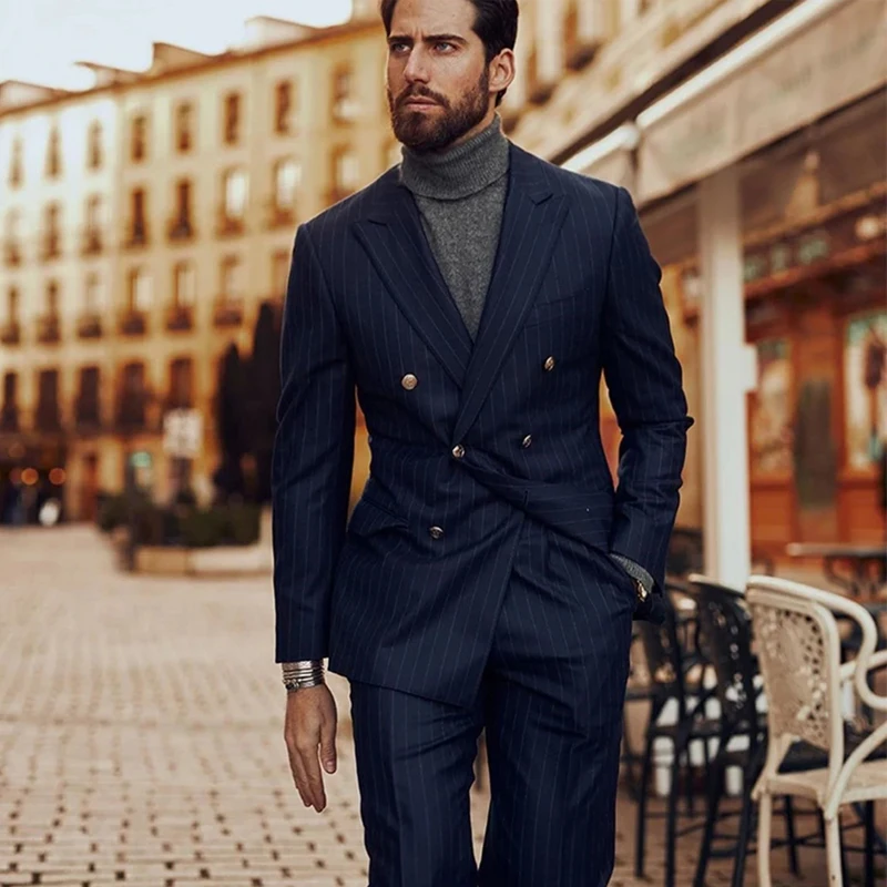 Navy Blue PinStripe Mens Sutis with Double Breasted Slim Fit Formal Business Office Wear 2 Pieces Set Wedding Groomsmen Tuxedo