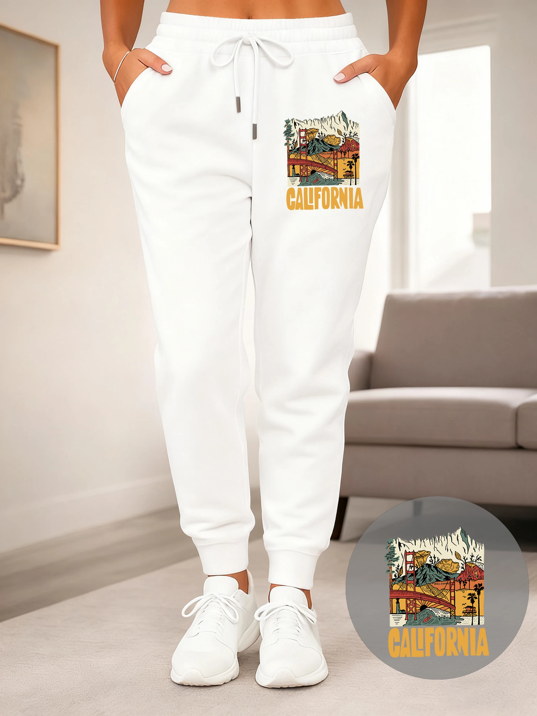

Калифорния, красивые женские спортивные штаны с принтом моста, удобные свободные брюки, модные брюки в стиле хип-хоп, флисовые спортивные штаны