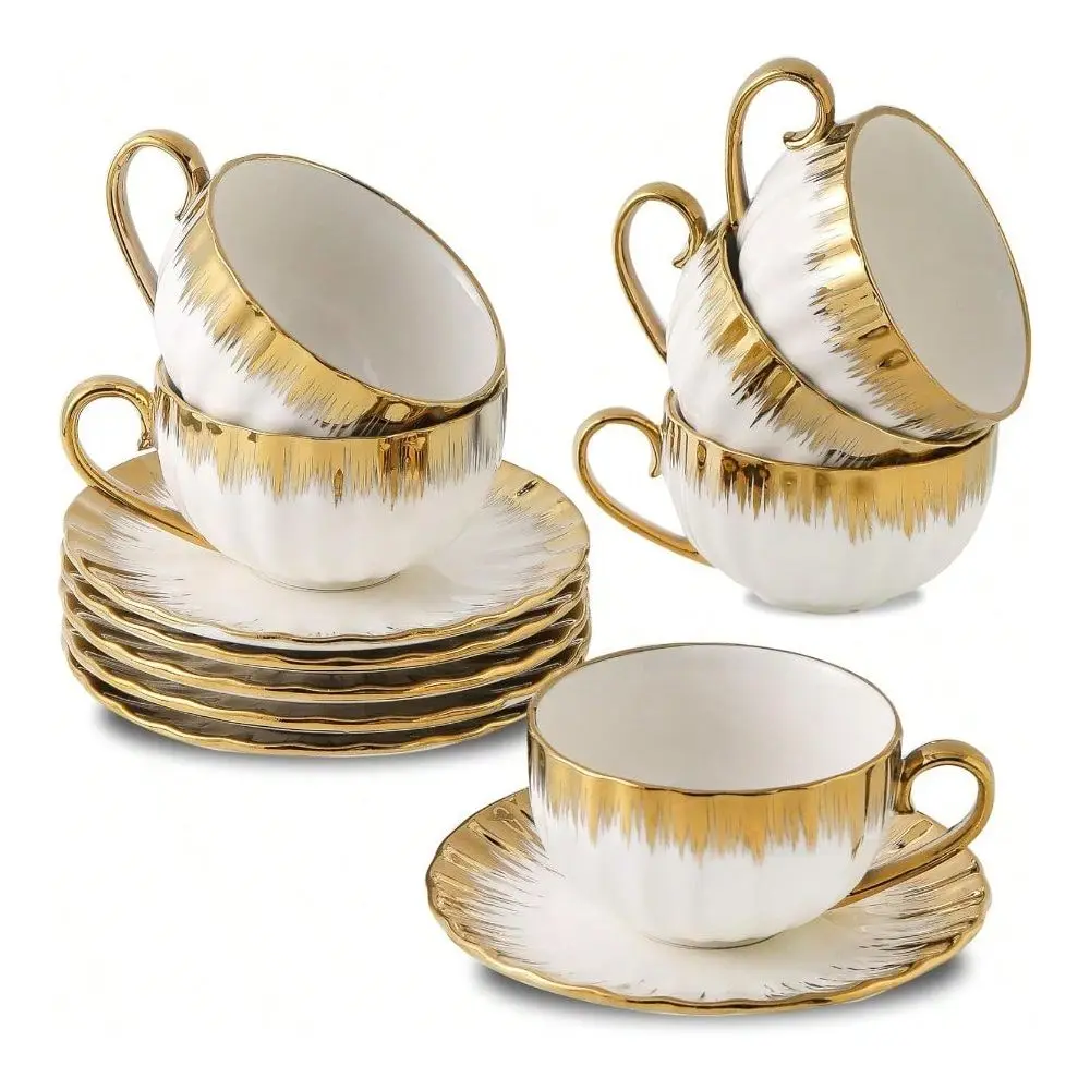 Tazas con platillos de 7 oz, juego de tazas dobles de porcelana para espresso, tazas de café turcas de cerámica con borde dorado, juego de 6 tazas para latte.