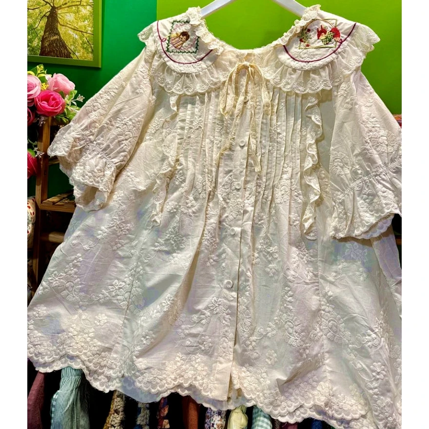 

Women Cotton Sweet Kawaii Cute Lolita Cartoon Embroidery Shirt Mori Girl Japanese Vintage Cottagecore Harajuku Summer Blouse