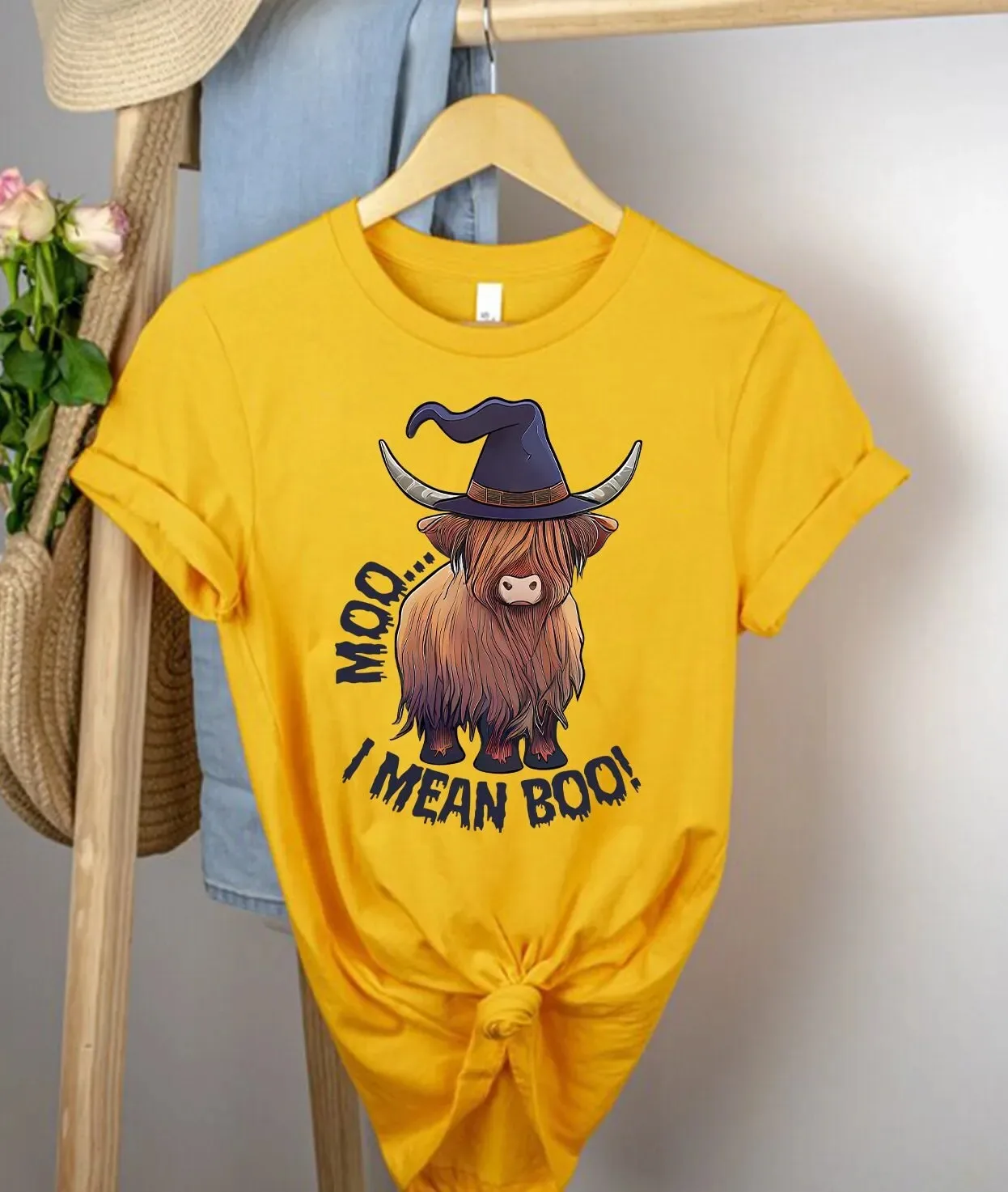 Moo And Mean Boo T Shirt Western Halloween Highland Cow Cute Retro Vintage