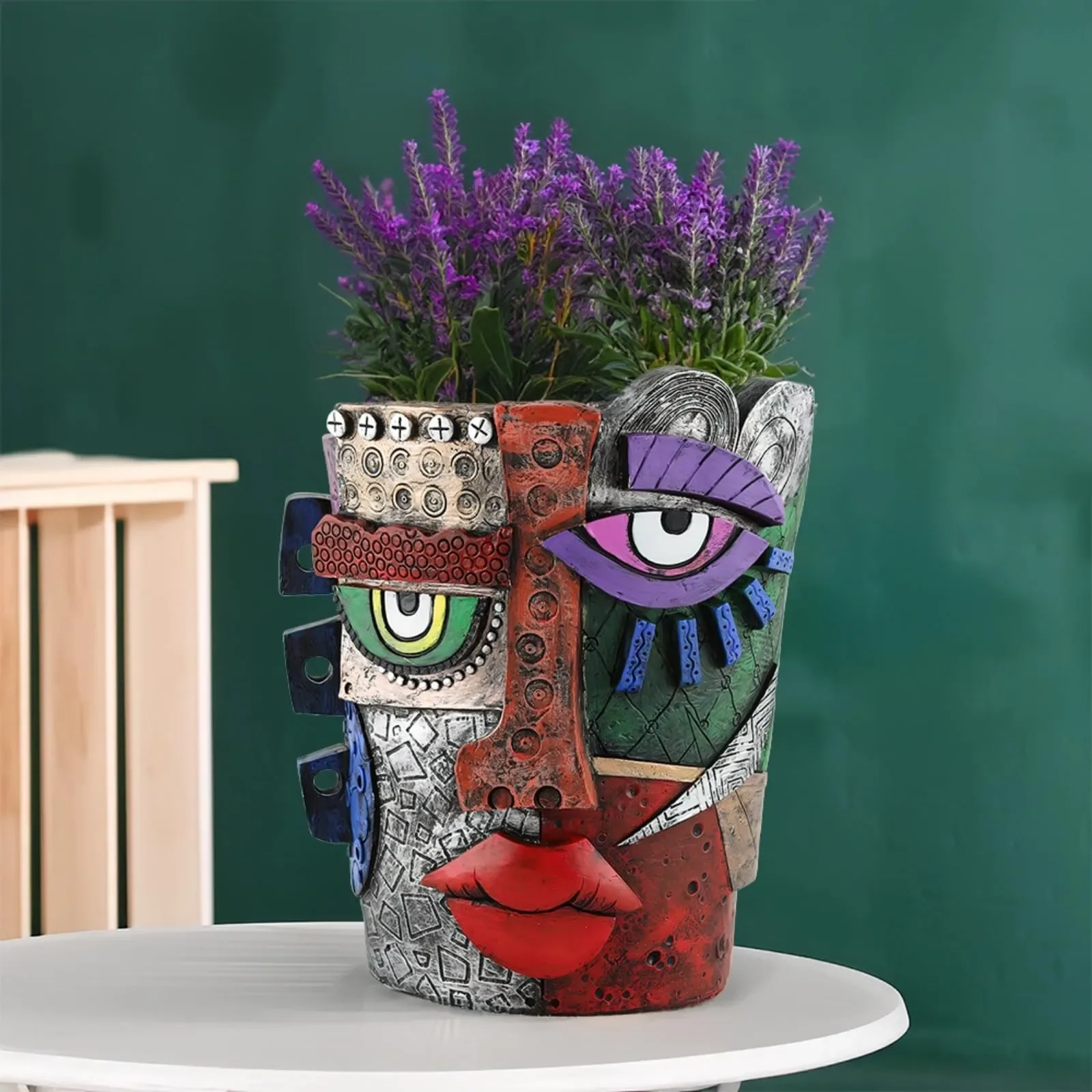 Retro Human Face Flower Pot Colorful Abstract Art Succulent Flower Pot Funny Resin Ornaments Large Diameter Creative Planter