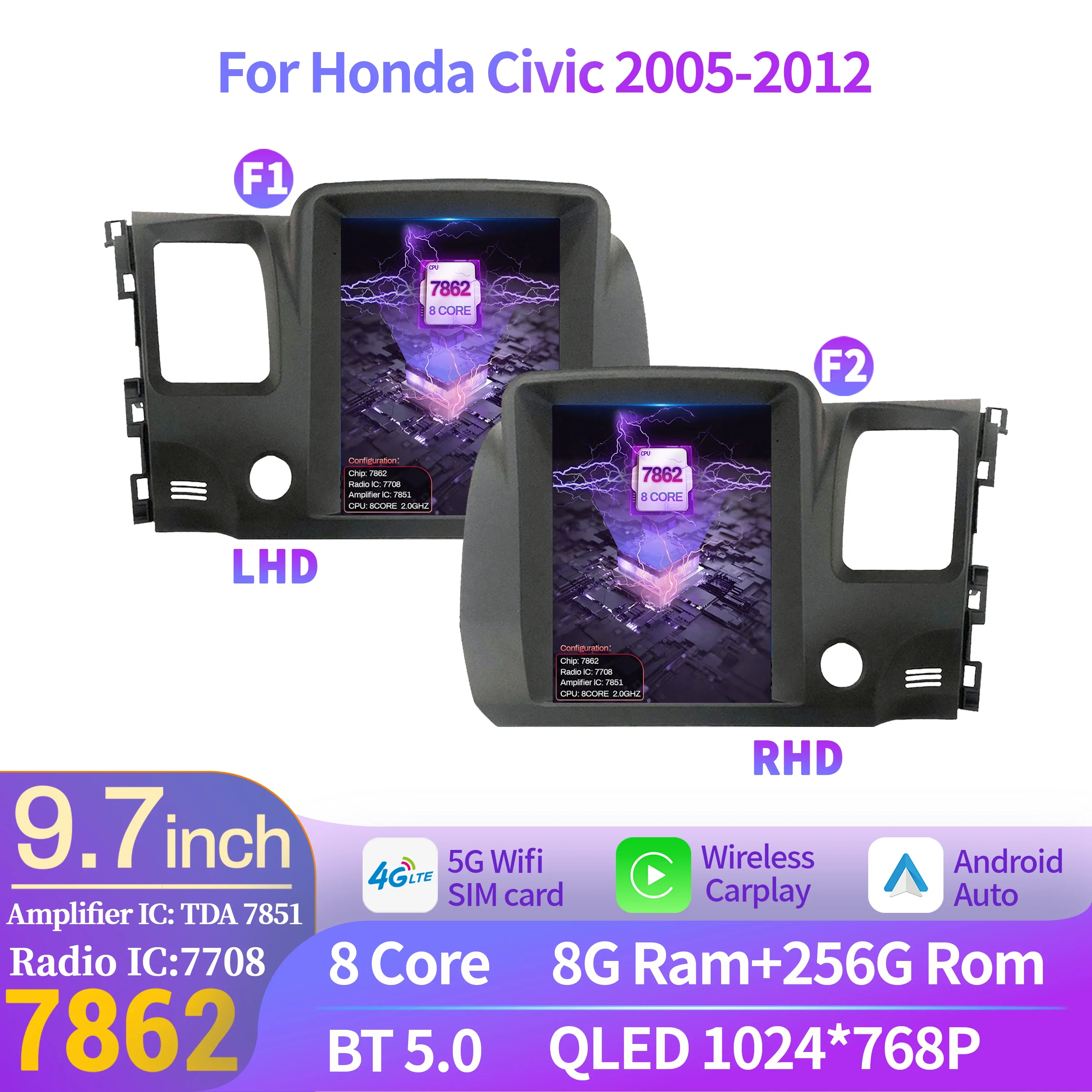 

9.7" For Honda Civic 2005-2012 Car Radio Multimedia Navigation GPS Wireless Android 14 BT CarPlay Head Unit Touch QLED Screen