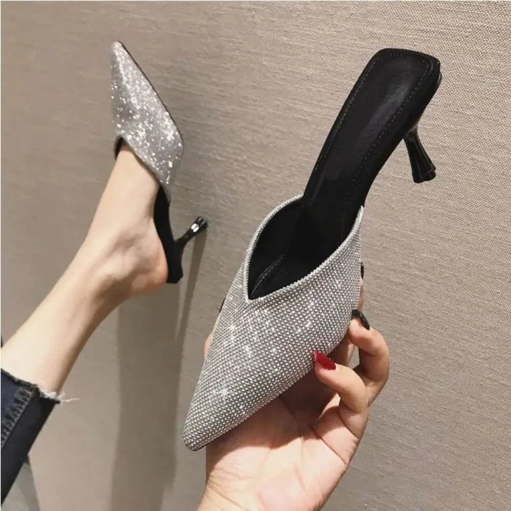 

Silver Rhinestone Pointed Toe Mules with Black Thin Heel Fashionable Slip-on Heeled Sandals