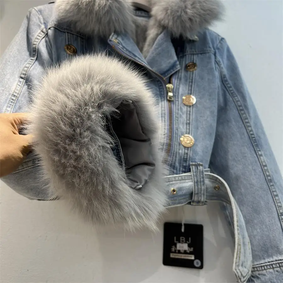 Women Imitation Fox Fur Collar Spliced Denim Coat Thickened Plush Inner Jeans Jacket Short Turn Down Collar Cardigan Belted Tops