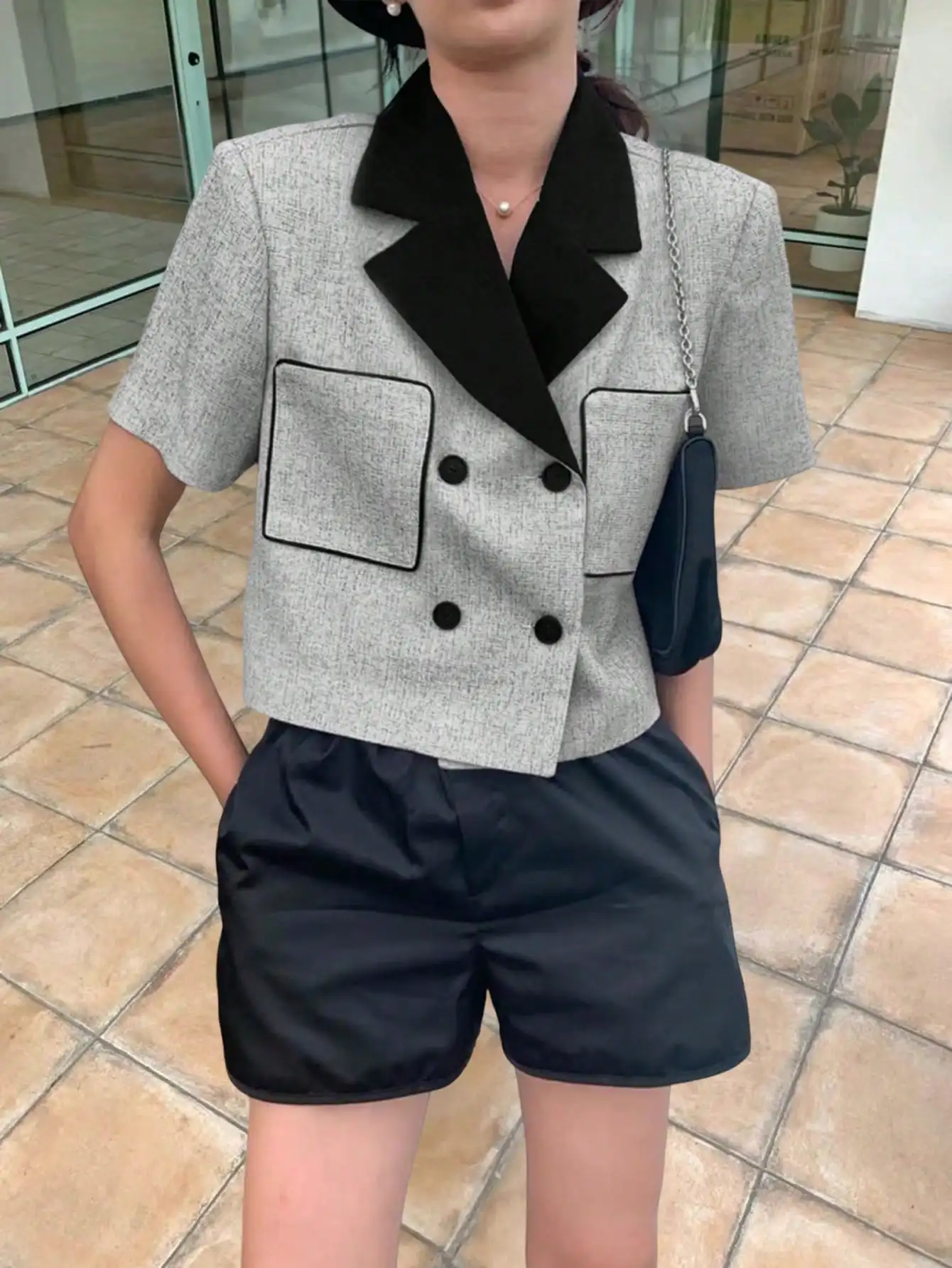 

Женский повседневный легкий модный блейзер с коротким рукавом и цветовыми блоками для города