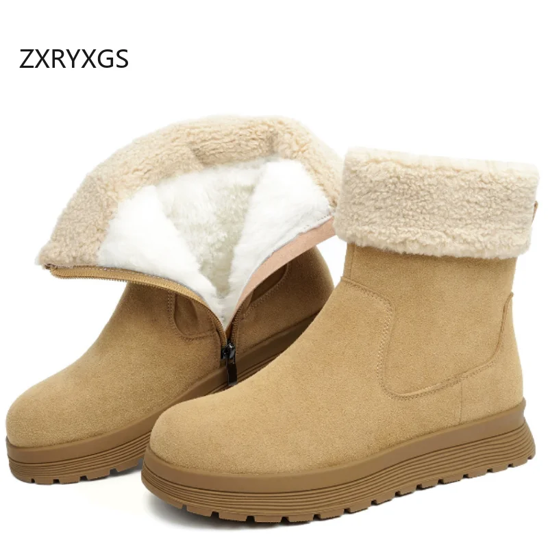 

ZXRYXGS Premium Frosted Cowhide Plush / Wool Shoes Comfortable Warm Snow Boots Flats 2025 Large Size in-tube Women Winter Boots