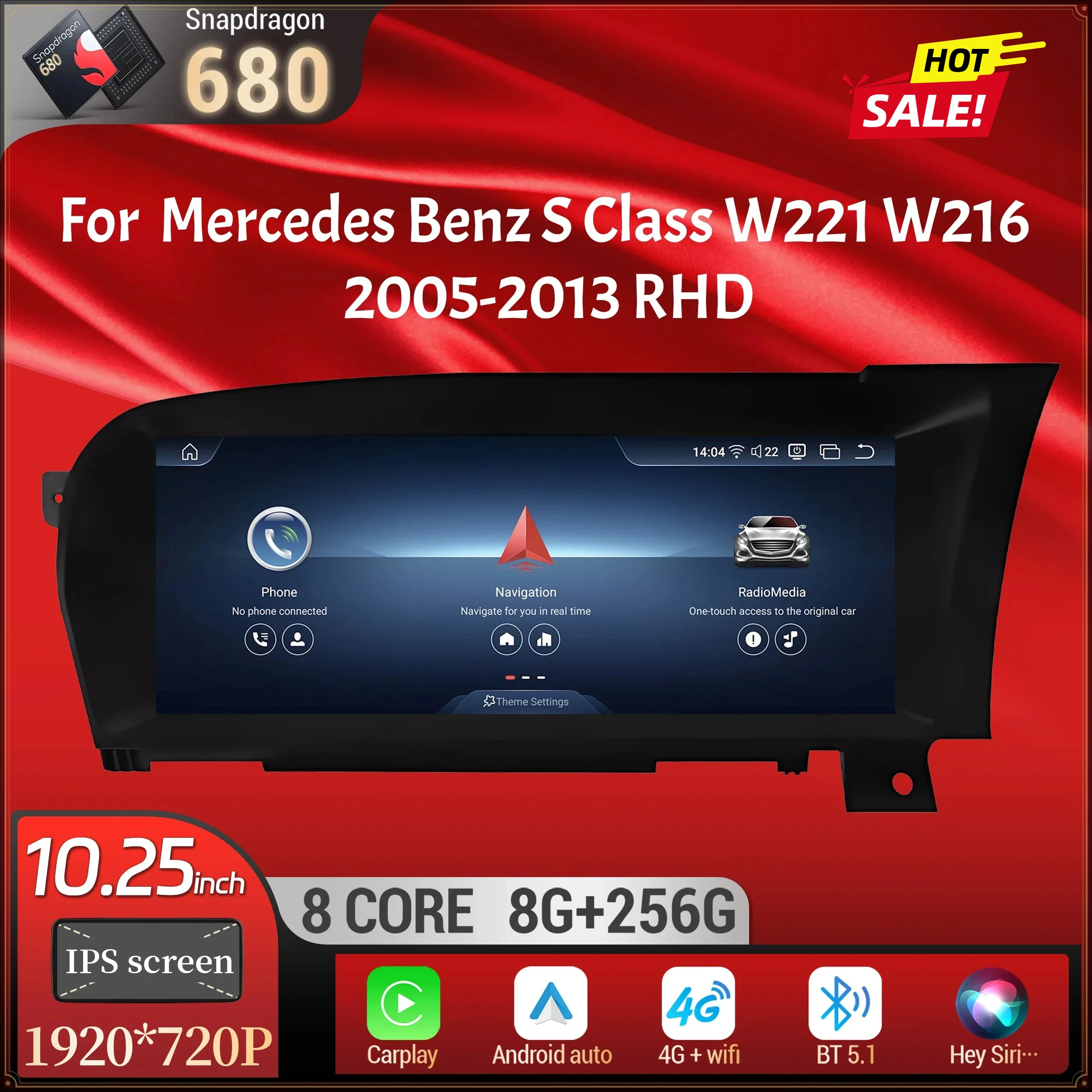 10.25 inch For Mercedes Benz S Class W221 W216 2005-2013  Right Hand Drive Car Radio Android 14 BT Carplay Snapdragon 680 Screen