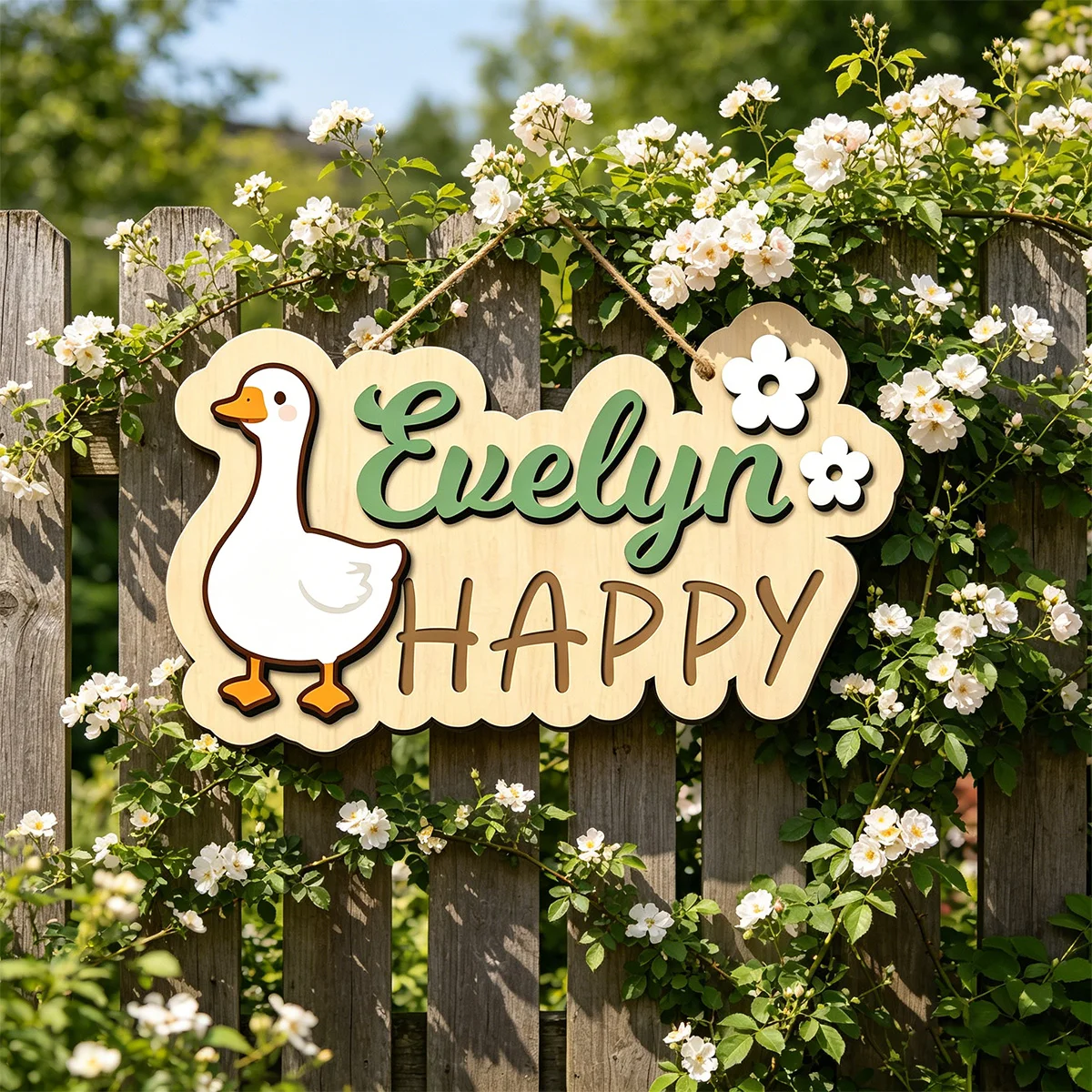 1pc wooden logo, customized name/letter, cartoon goose and small flower pattern, ideal gift for birth, baptism and wall decor