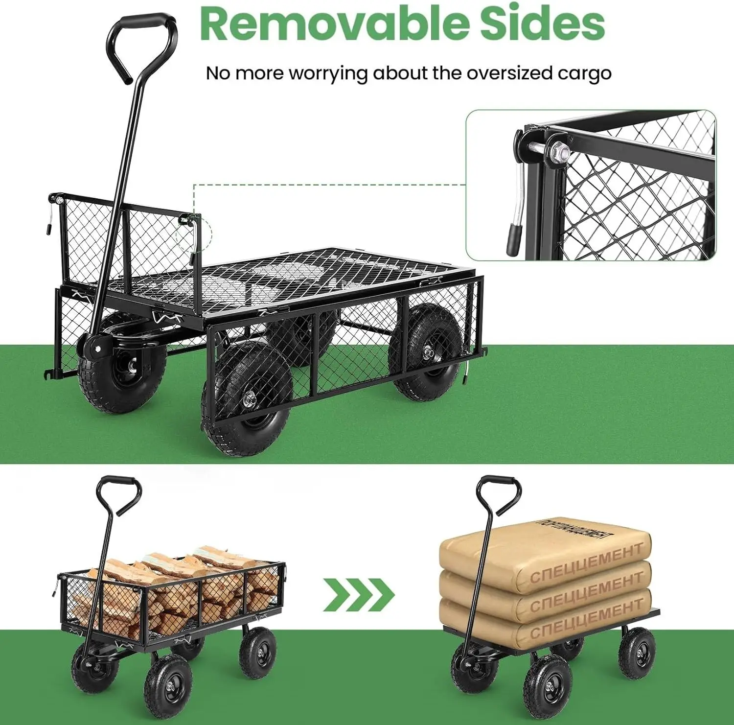 عربة حديقة للخدمة الشاقة ، عربة قابلة للطي ، عربة حديقة قابلة للسحب ، مقبض دوار ، مقبض قابل للطي ، 660 رطل كحد أقصى