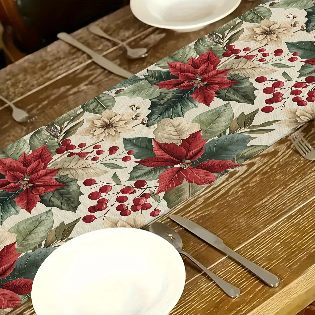 Christmas Poinsettia Table Runner Polyester Floral Pattern Xmas Dinner Decor Tabletop Holiday Warm Vibe Quality Assured