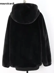 Mauroicardi Spring Winter Black Warm Thick Soft Fluffy jacket Women with Hood Long Sleeve Faux Rex Rabbit Fur Coat Women Zipper