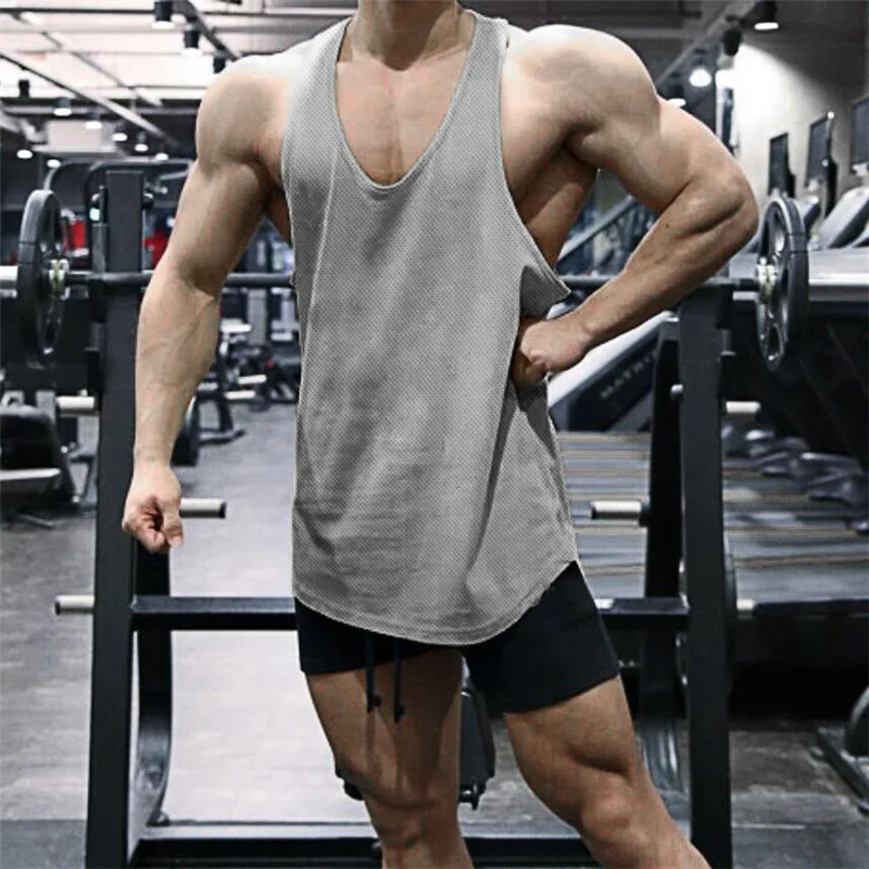 Plain Men Fitness Muscle Sleeveless Y-back Shirts Gym Bodybuilding Jogging Sport Vests Summer Mesh Quick Dry Casual Tank Tops