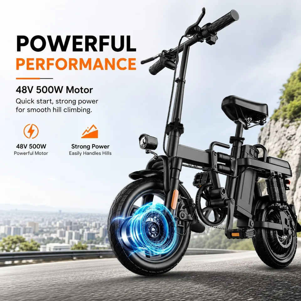 48V 500W Powerful Electric Bike, 43km/h Top Speed, 60km Assist Range, 14" Foldable Frame Fits Trunk, Dual Disc Brakes Rain-Ready, 150kg Load, Fenders & Basket Included, Commuter E-Bike image 1