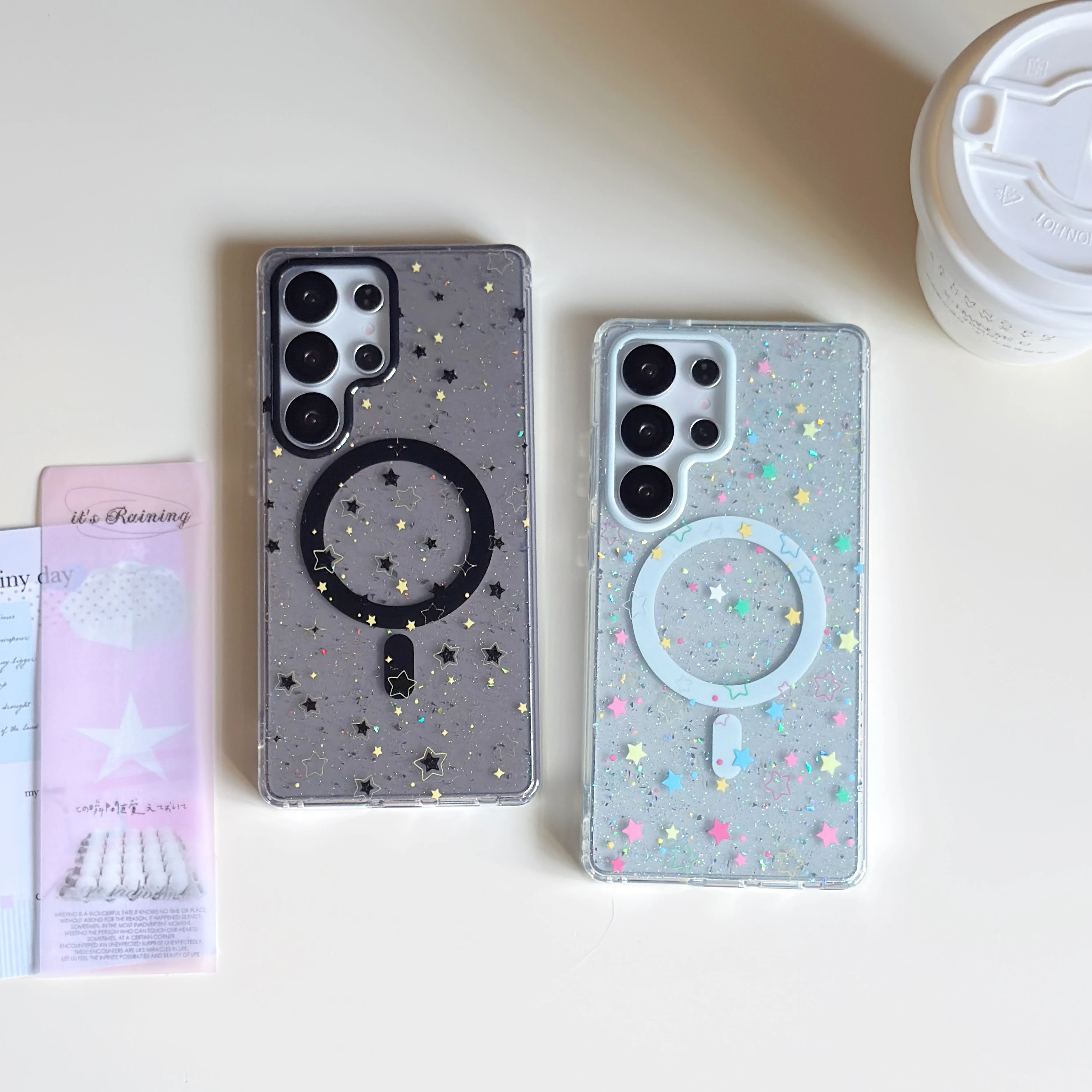 

Back Cover For Samsung Galaxy S23 Plus S24 S25 S26 Ultra Case Glitter Colorful Star Magnetic Attraction Hard PC Phone Case