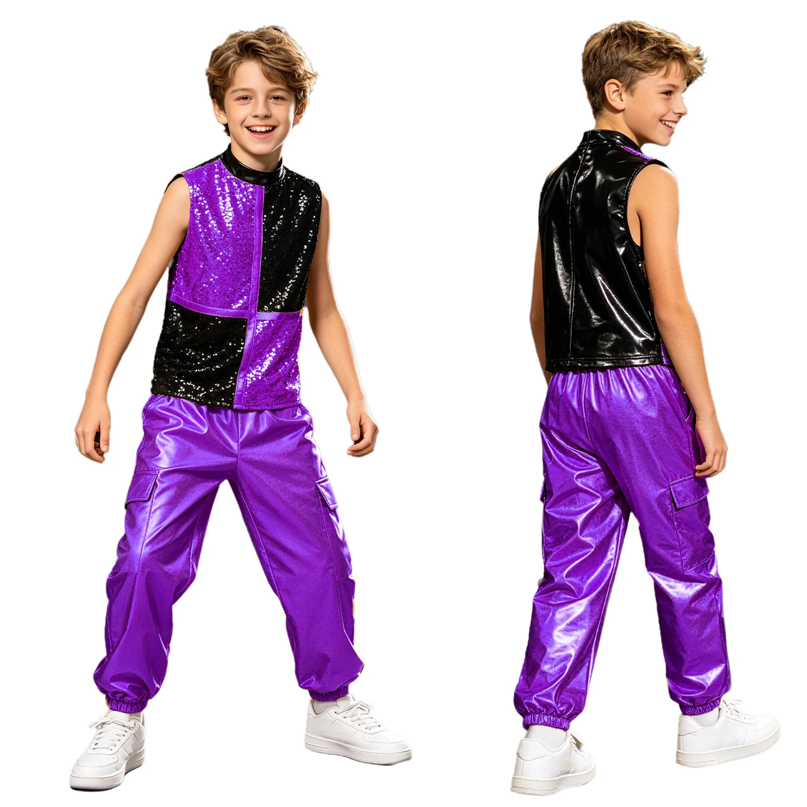 

Kids Boys Jazz Hip Hop Dance Outfit Mock Neck Sleeveless Sequins Color Block Top Back Zipper with Cargo Pants Disco Streetwear