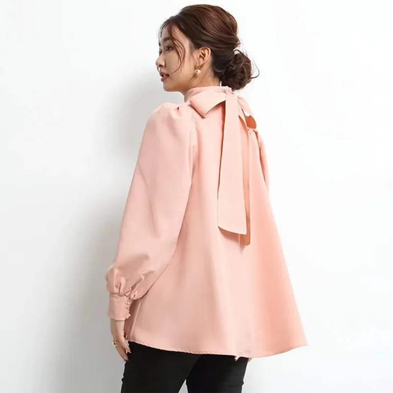 

Япония и Южная Корея 2024, весна и осень, тонкие рукава-фонарики, воротник с бантом и бретельками, хлопковая и льняная рубашка, модный внешний дизайн