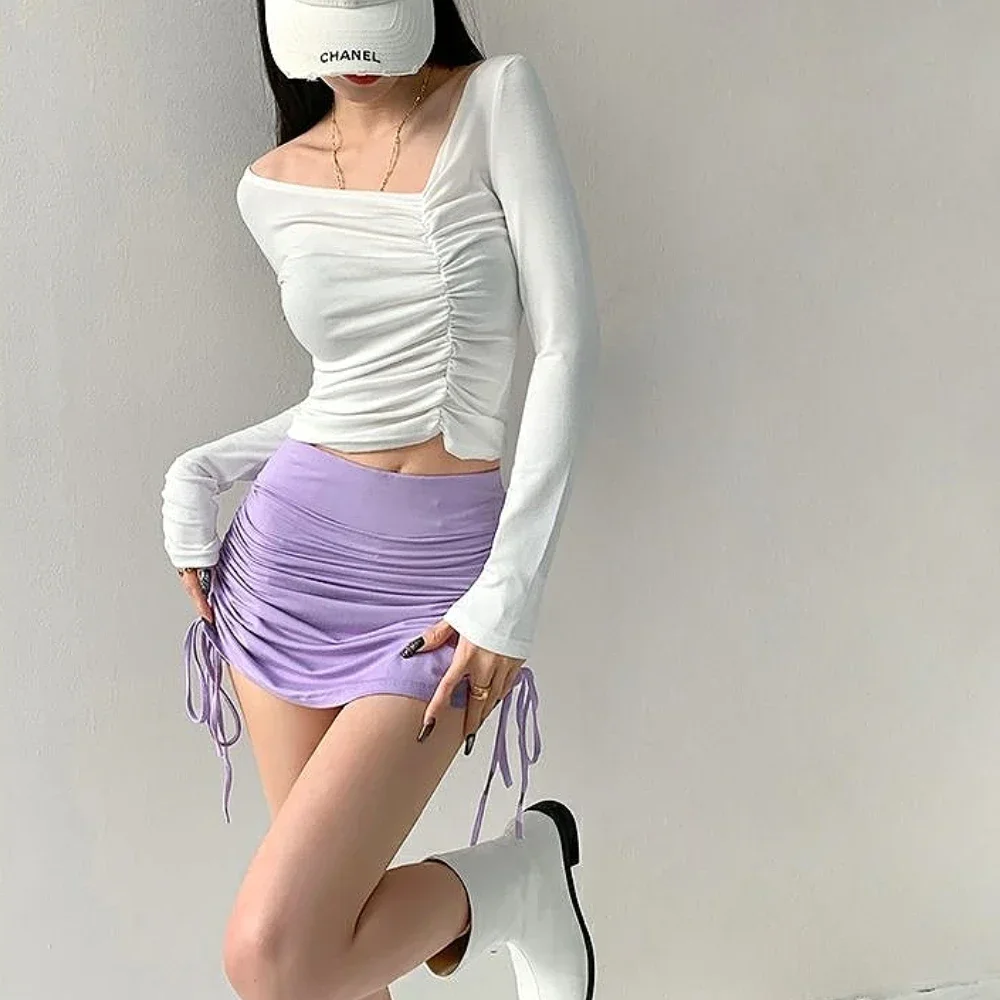 

Women's Summer Lace Up High Waisted Wrapped Hip Skirt Wild Solid Color Pleated Side Drawstring Tight Elastic Short Skirt