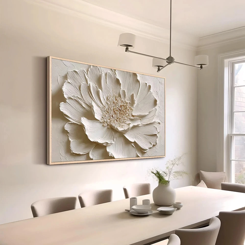 Beige Flower Wall Art 2D Textured Floral Painting, Canvas Wall Art Peony Artwork, Neutral Modern Wall Decor Living Room Bedroom,