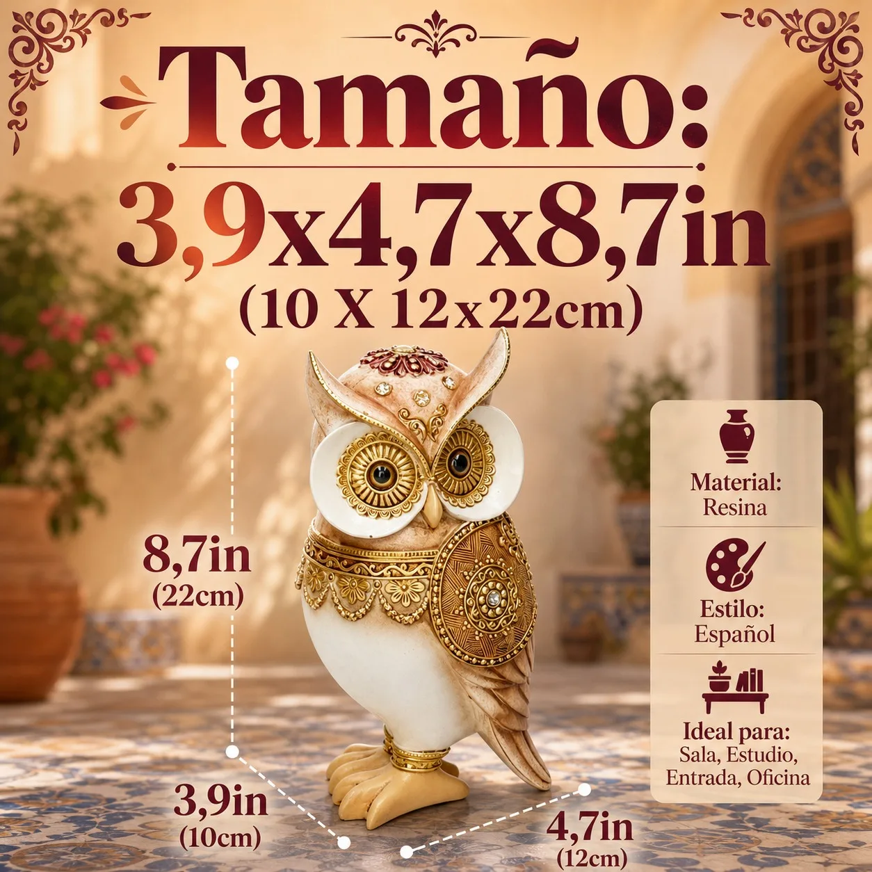 Figurine d'hibou décorative de style espagnol en polyester et résine, statue d'animal pour la décoration de la maison, du salon et du bureau, ornement artistique détaillé, dimensions 10x12x22cm