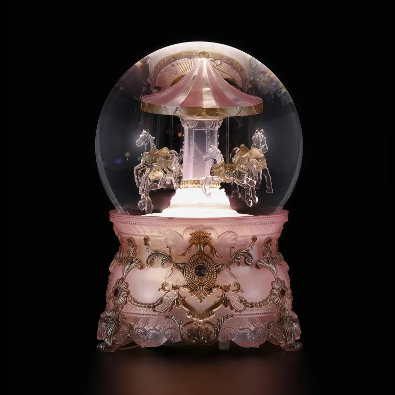 Dawn pink light rotating crystal ball with light, music box, clockwork music box, ornament