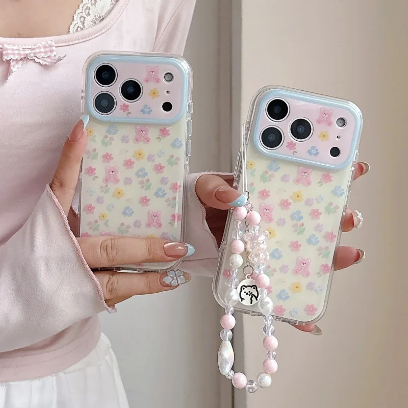 

Korean Ins Cute Flower Bear Phone Case For iPhone 17 Pro 16 14 15 Pro Max Cover with Chain Fashion Lovely Protective Cases For 1