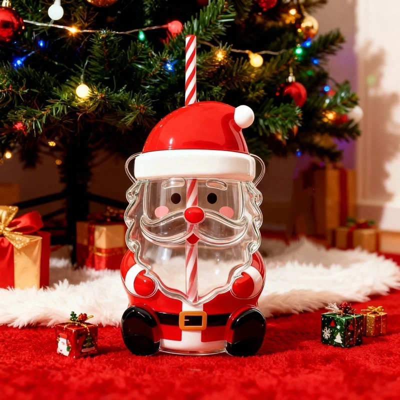 

Christmas Santa Glass Cup with Straw, Cute Christmas Themed Drinkware, 15cm Festive Decorative Water Bottle for Holiday Gifts