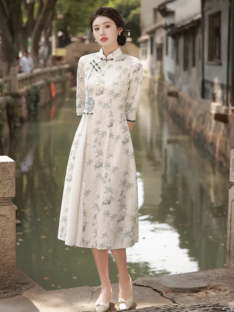 FZSLCYIYI-Vestido de casamento vintage para mulheres, manga de sete pontos, chiffon Split, Qipao a linha, gola mandarim chinês, Aodai Cheongsam