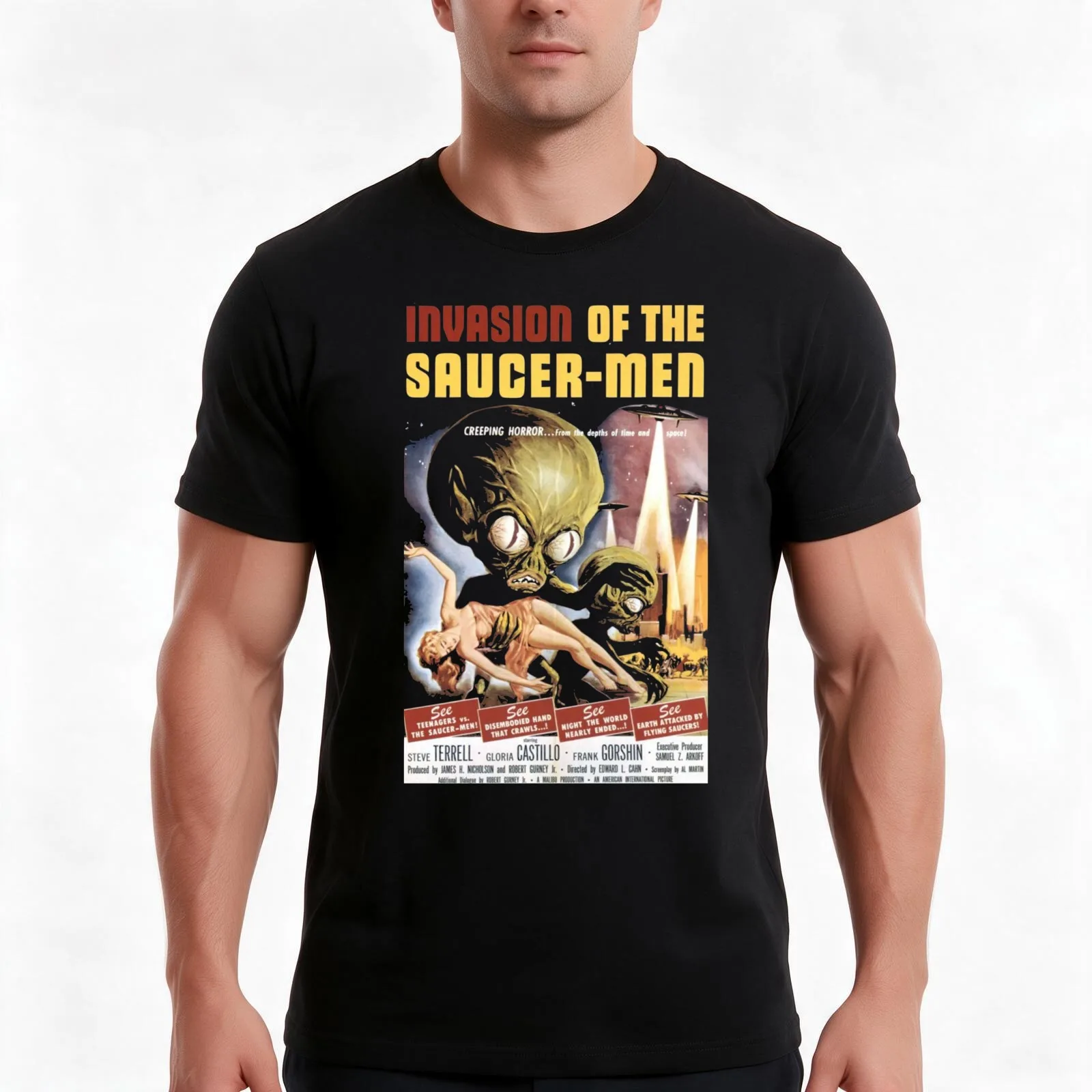 Old film poster - invasion of the saucer-men 1957 T-Shirt, Summer Casual Cotton Tee, Oversized Streetwear Tops, Unisex Men Women