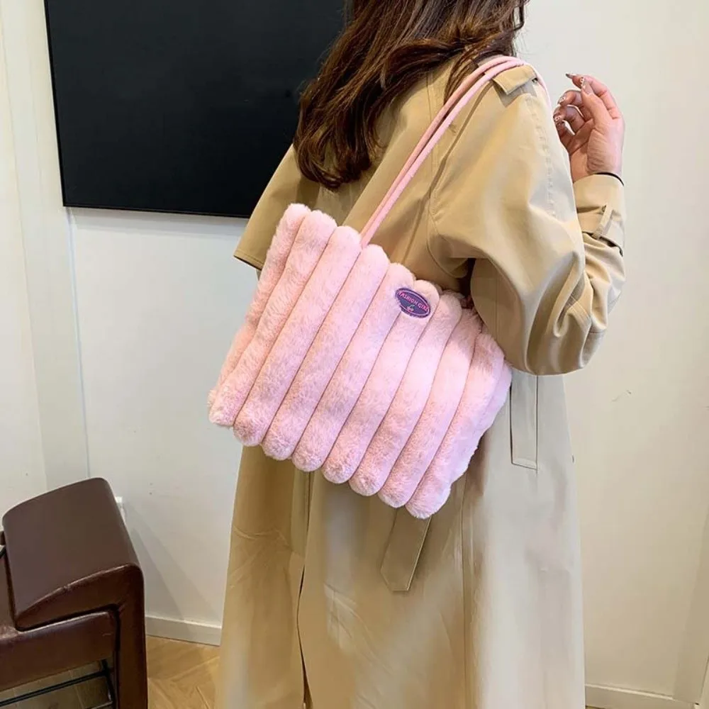 

Casual Stripe Furry Tote Bag Portable Large Capacity Shoulder Bag Solid Color Soft Commuting Handbag School