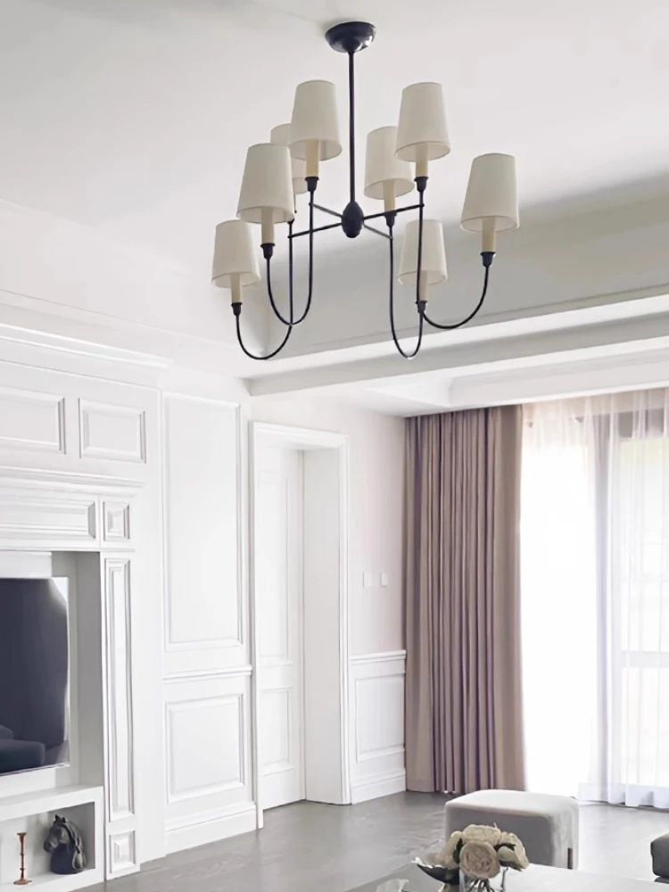 

French Retro Living Pure Copper Pendant Light Dining Room Study Bedroom Fabric Lampshade Light Luxury Villa Lobby Pendant Light
