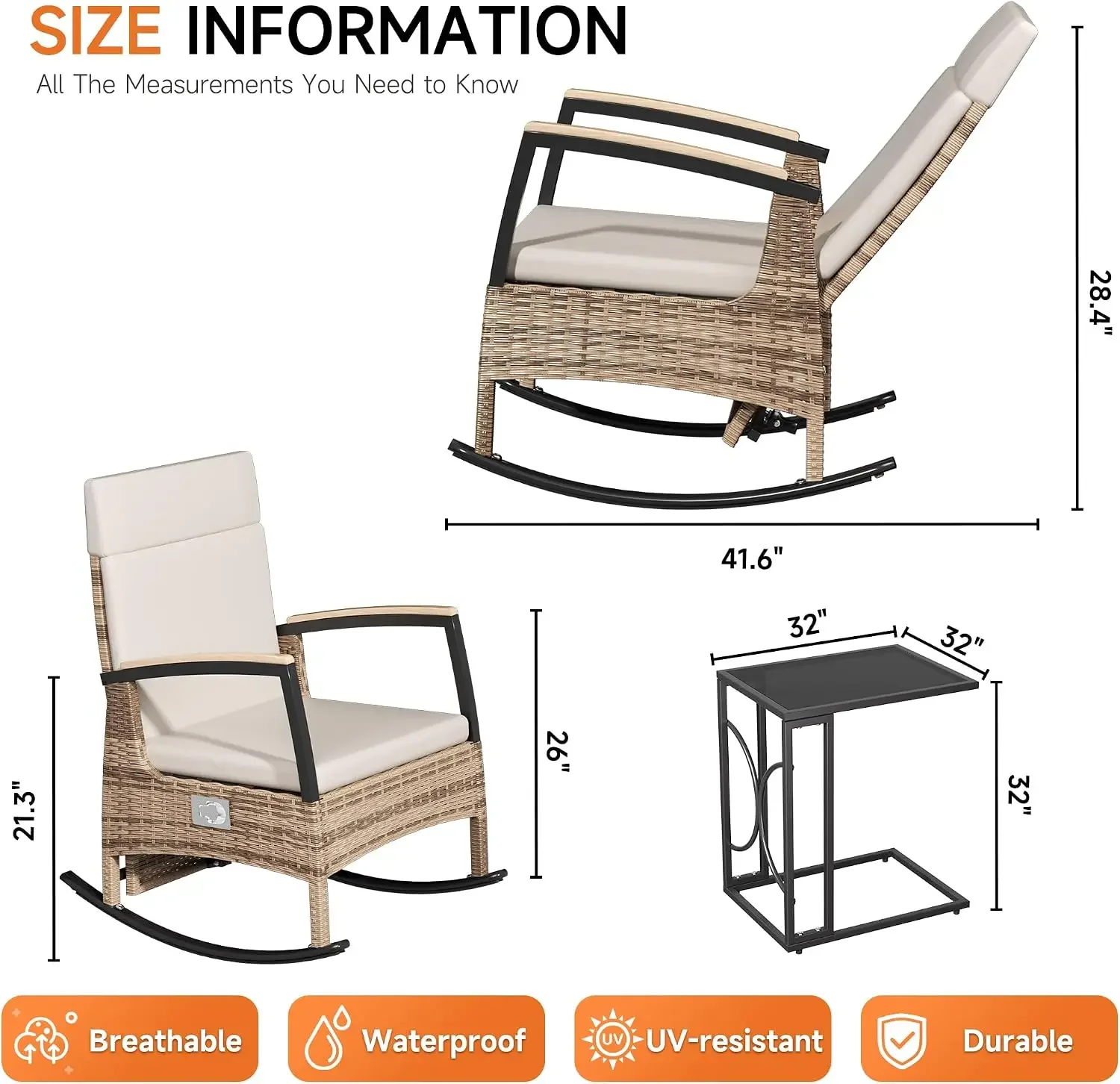 USA Stock3 Pieces Rocking Bistro Set, Wicker Outdoor Rocking Chair with Washable Cushions, Rattan Rocking Chairs with Metal Tabl
