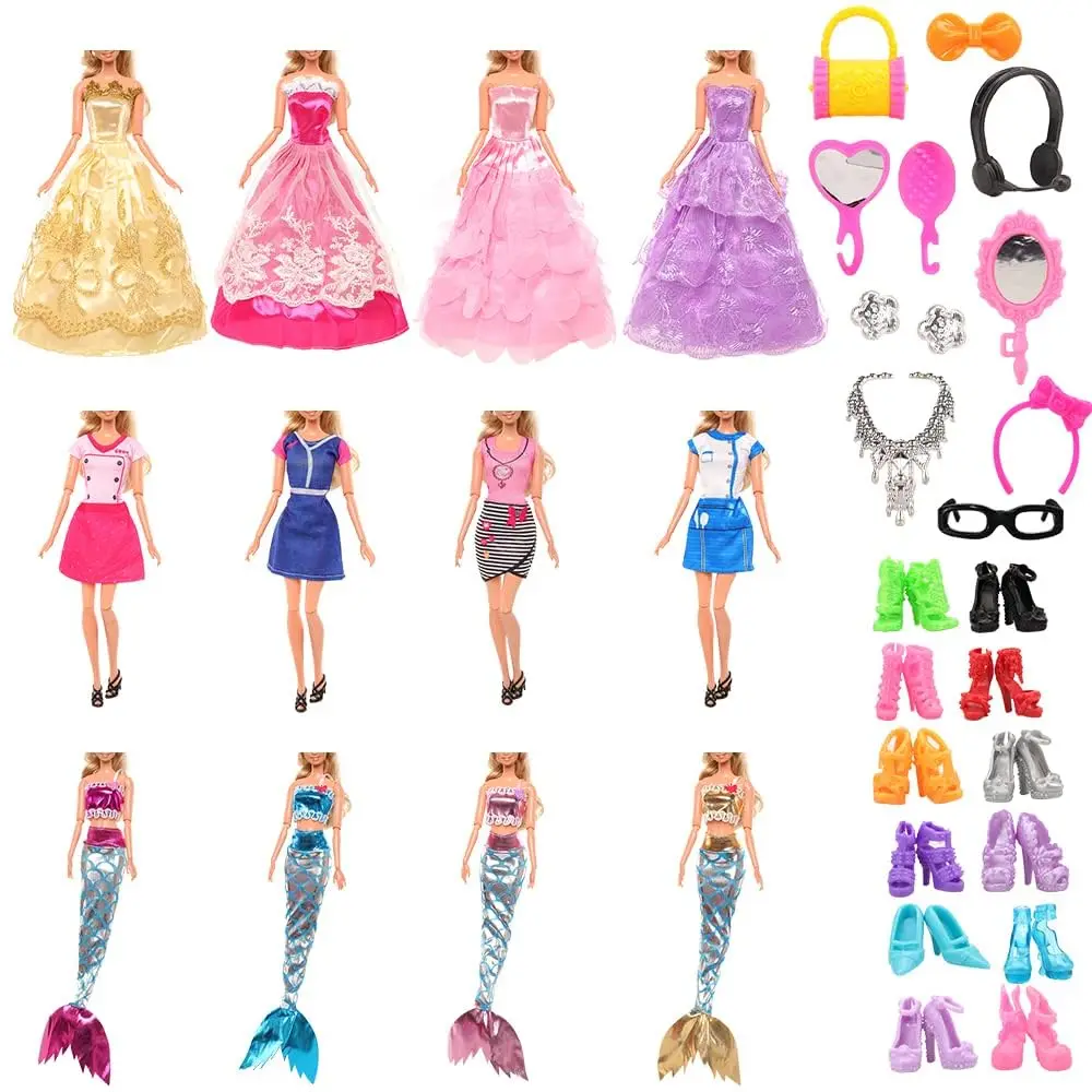 Barwa 62 Pcs Fashion For Girl Doll Clothes and Accessories=4 Dress，4 Large Skirts，4 Mermaid Skirts，50 Accessories