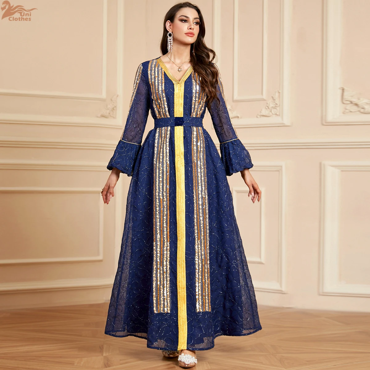 

Uni Fashion Arab Muslim Party Long Dress Abaya Female Belt included Sequins Puff Sleeve Maxi Moroccan Women Clothing