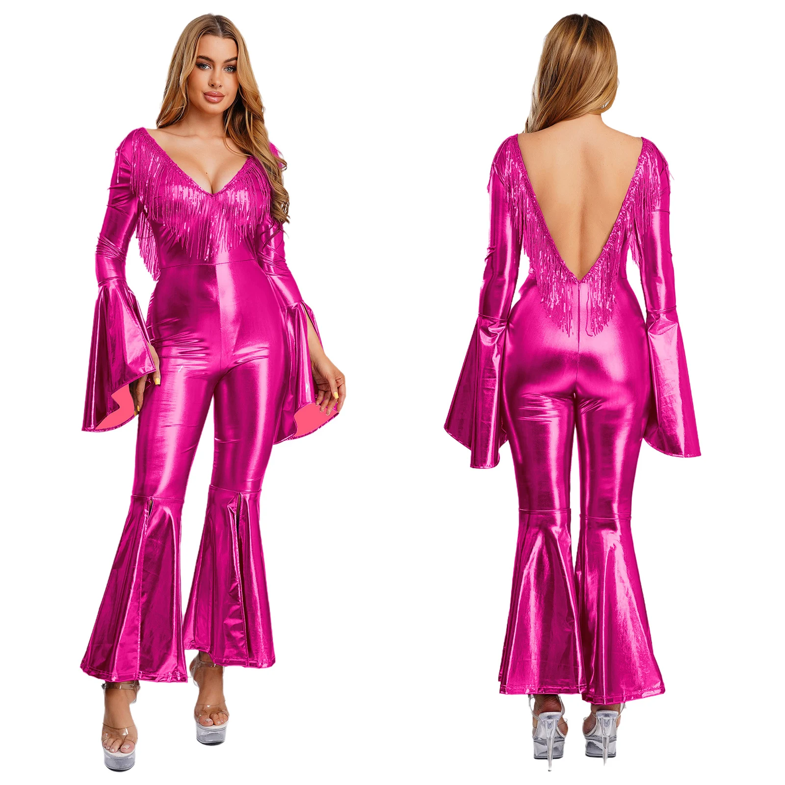 Costume Hippie d'halloween brillant pour femmes, manches longues, paillettes, glands, tenue Disco, bal des années 70 et 80, combinaison évasée, Costumes de fête