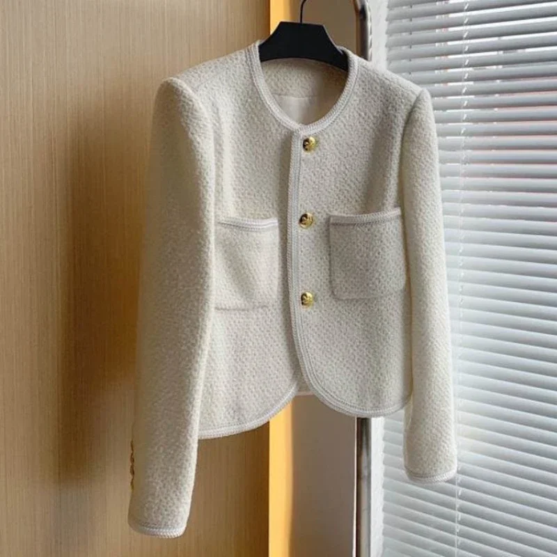 Chaqueta corta de manga larga con botones dorados Elegante chaqueta de tweed de lana de invierno para mujer Lujoso abrigo corto vintage de otoño