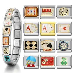 Y2K Fit 9mm Dice Poker Dollar Italian Charms Bracelet Stainless Steel DIY Making Elastic Link Chain Fashion Jewelry Lucky Gift