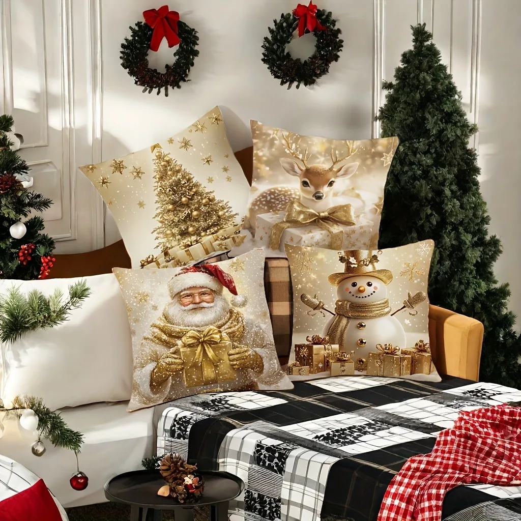 Christmas artistic dazzling golden Christmas tree, deer, Santa Claus snowman pattern pillowcase room living room sofa decoration