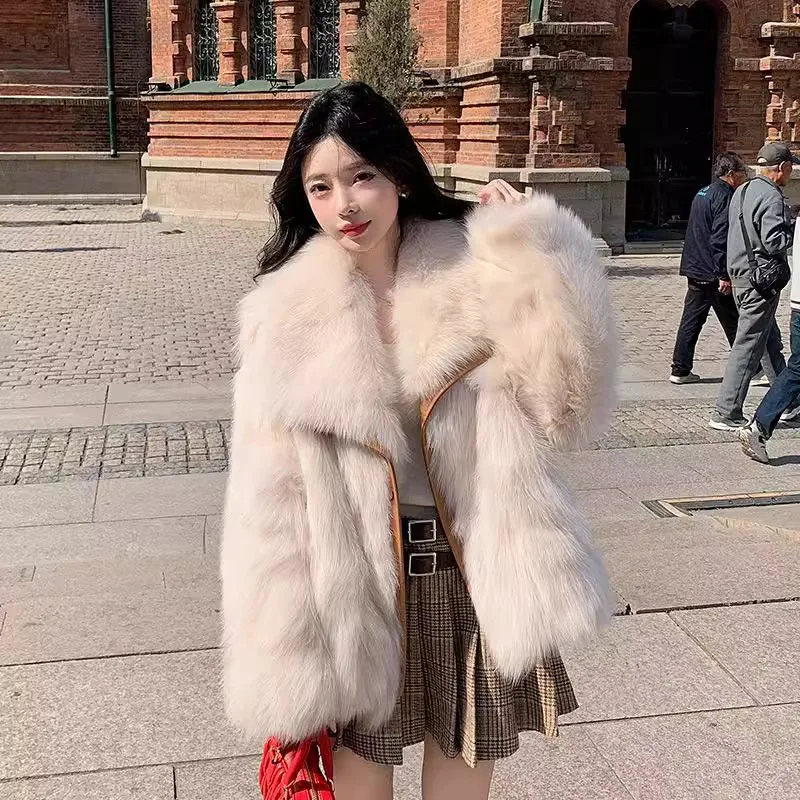 معطف فرو صناعي للنساء سترة فرو متينة كبيرة بياقة مقلوبة وأكمام طويلة وزر مغطى فضفاض غير رسمي للمكتب للسيدات لخريف وشتاء 2025 #2