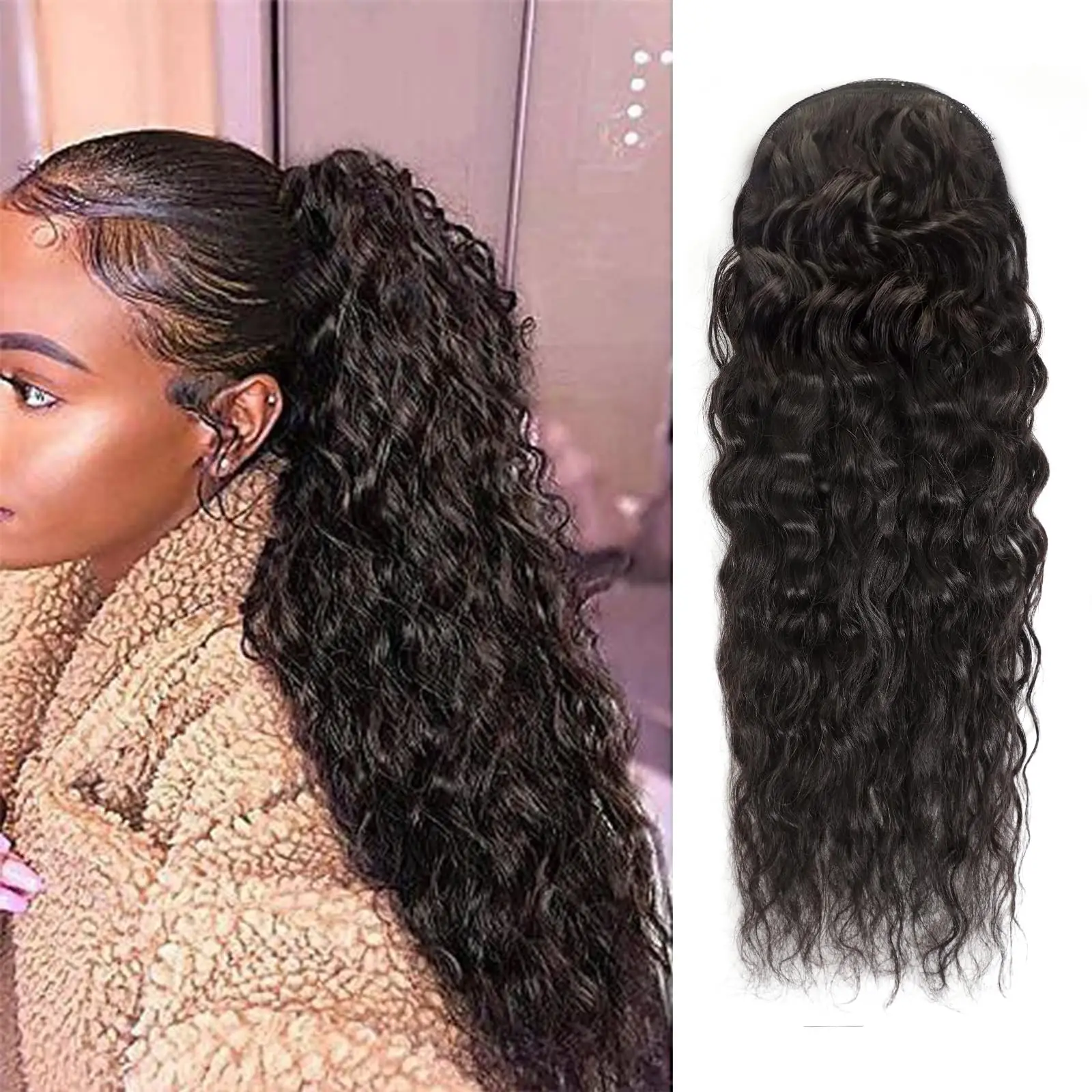 Water Wave Ponytail Human Hair Extensions Wrap Around Ponytail Drawstring Ponytail Brazilian Hair Pony Tail Clip in Hairpiece