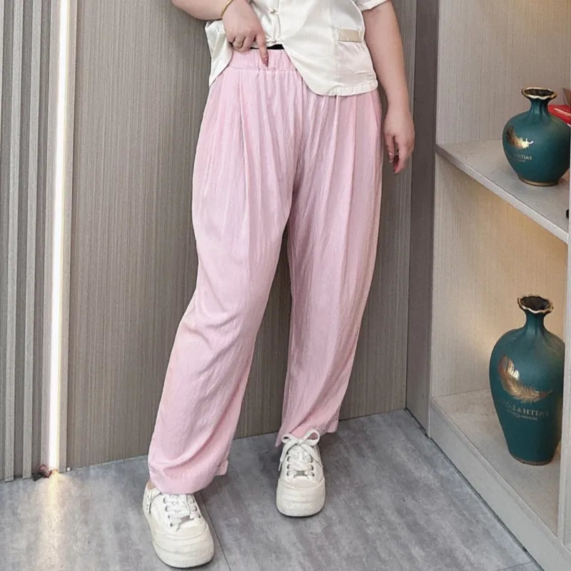 Plus Size Women's Summer Thin Wide Leg Pants Female Elastic High Waist Casual Straight Ice Cool Trousers